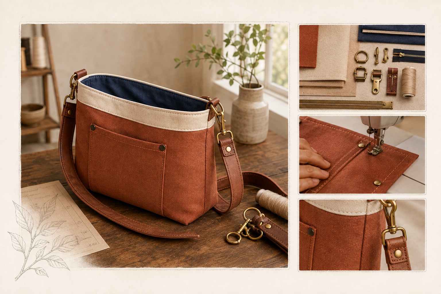 Structured terracotta shoulder bag with material, pocket, corner, and hardware details