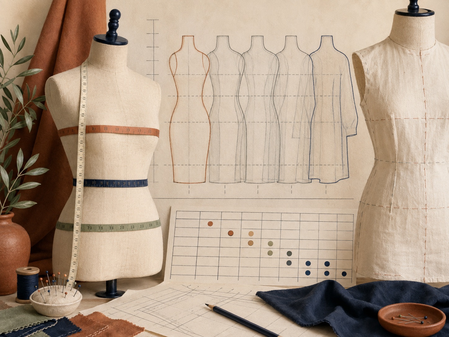 Dress forms, body measurements, garment silhouettes, and a toile for choosing size by ease