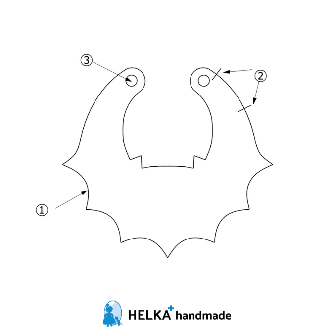 Original bib sewing diagram: ① seam, ② turning opening, ③ snap positions. Read the translated steps below.