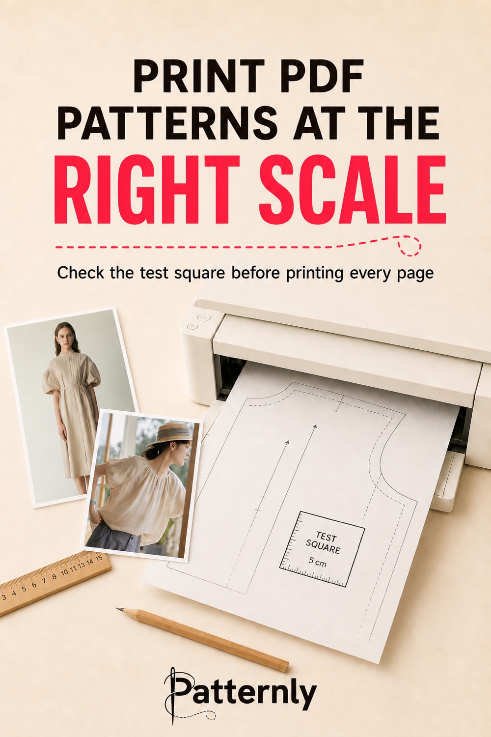PDF sewing pattern printing setup with home printer, ruler, pencil, and measured test square
