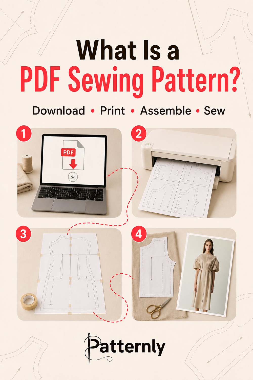 Four-step PDF sewing pattern workflow from digital download to printing, assembly, and fabric cutting
